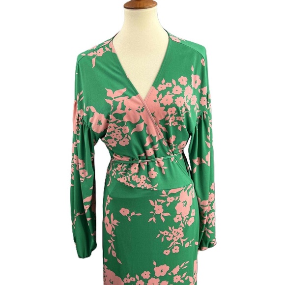 ASOS Design Pink Green Floral Long Sleeve Long Wrap Dress US 16/18 - Picture 2 of 6